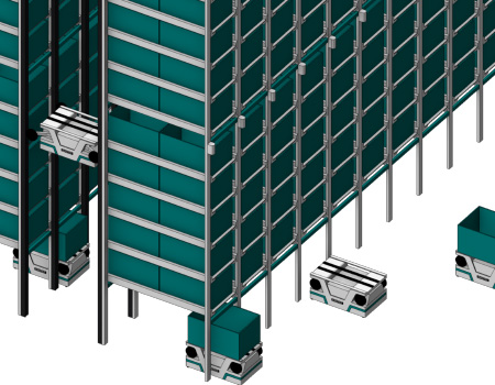 Schematische Darstellung von Robotern im 3D-Shuttle-Lager