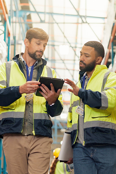 Blog_Beitragsbild_KI-Logistik_400x600 Zwei Facharbeiter diskutieren im Lager